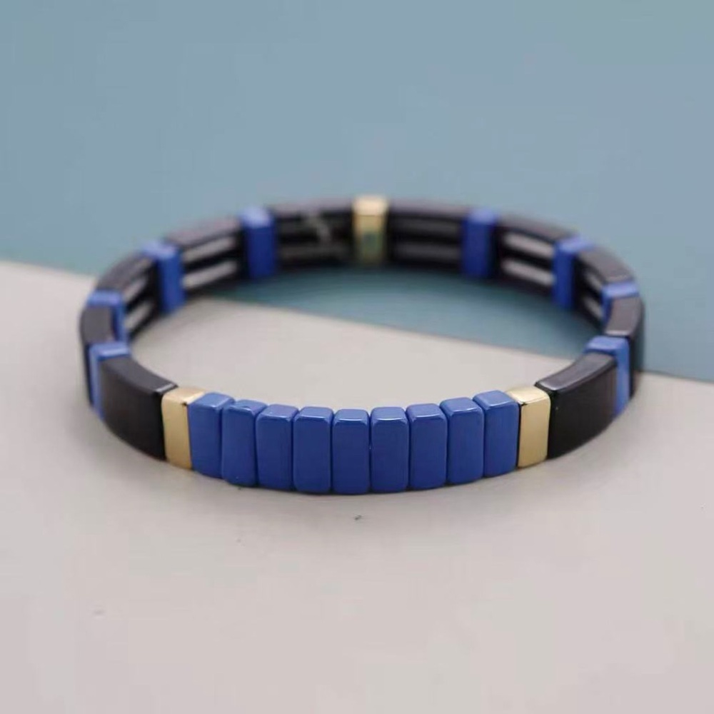 Roxanne Assoulin - Black Brite Bit X Bit Blue and Gold Stretch Bracelet